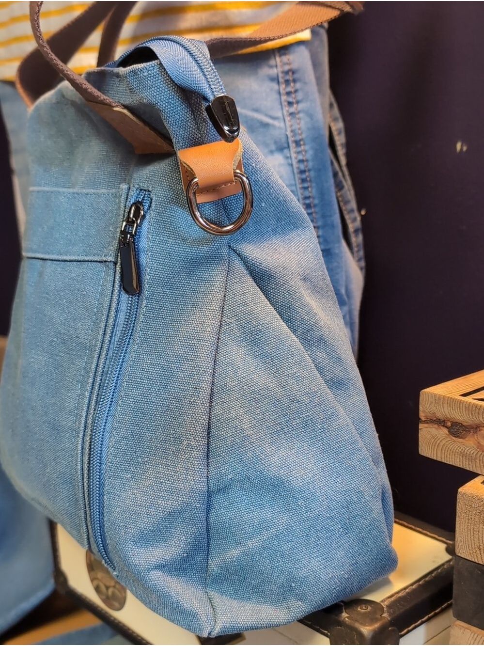 Canvas Tote Bag with Front Side Zip Pockets - Denim Blue - Picture 5 of 11
